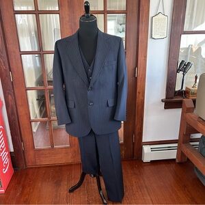 Vintage 1970's 3 Piece Pin Stripe Suit Navy Blue 45R